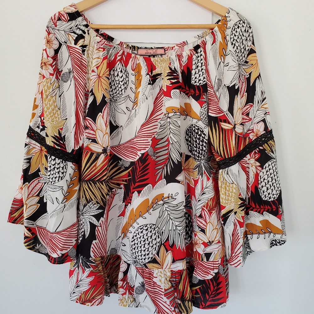 OLIVE HILL Sz MED Tropical Earth Colors Blouse 3/4 Bell Sleeves Flowy Bohemian